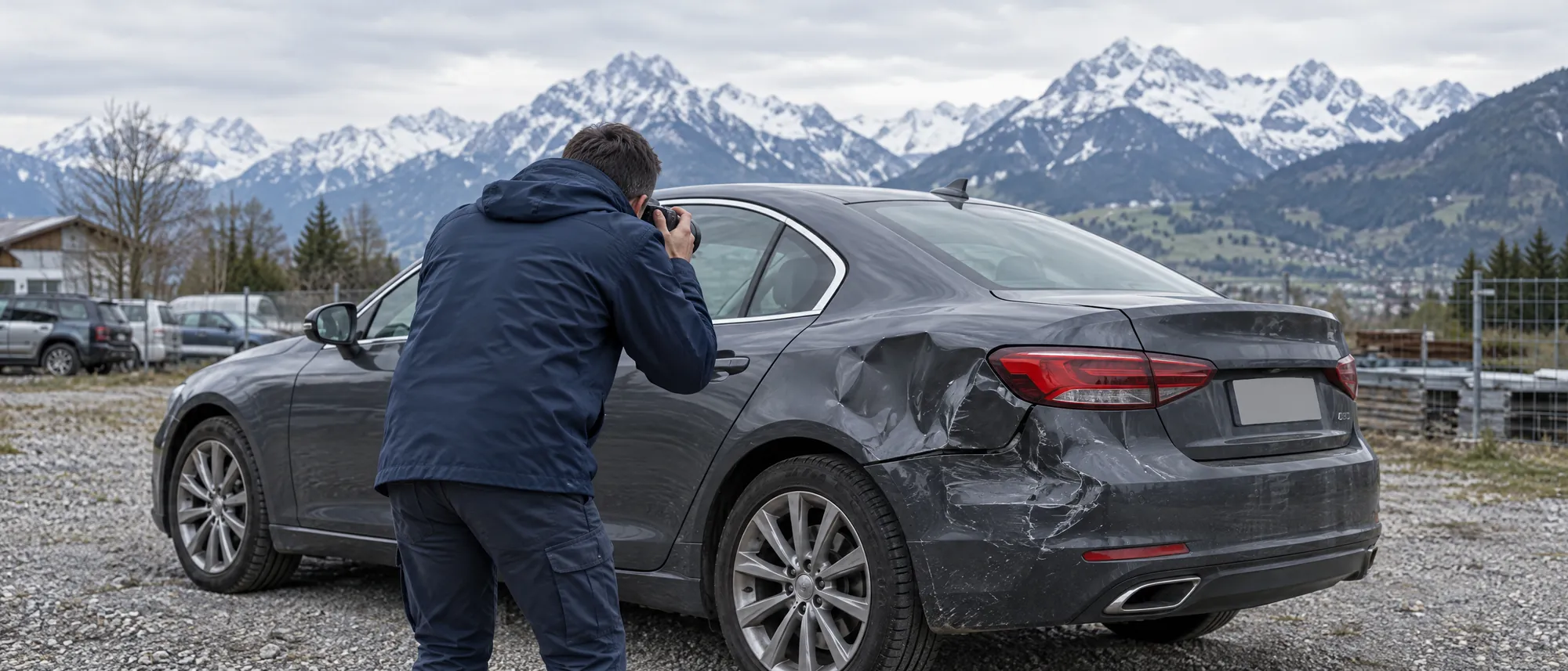 Expert photographiant les dommages d’un véhicule sur le terrain