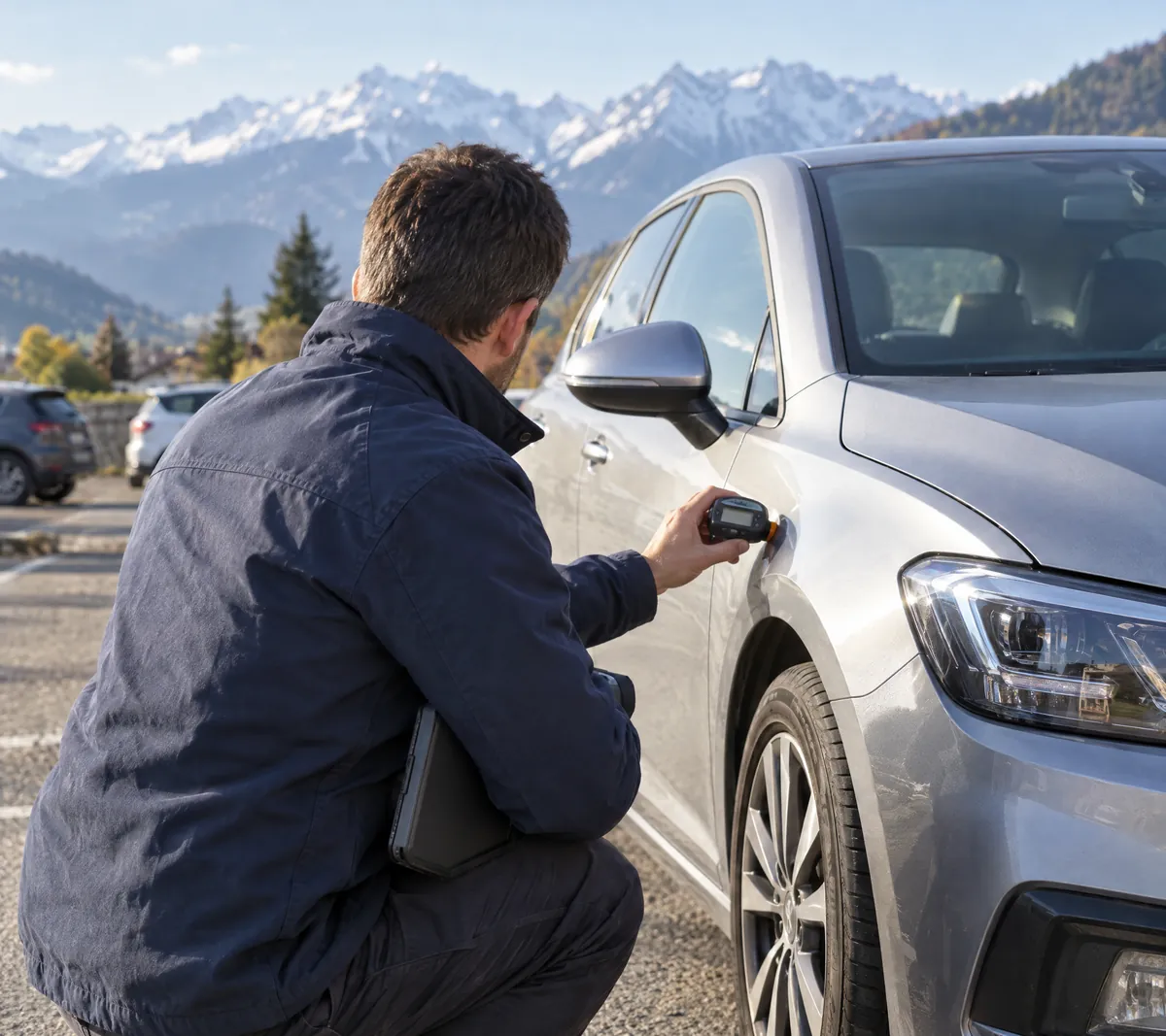 Expert automobile mesurant l’épaisseur de peinture sur l’aile d’un véhicule