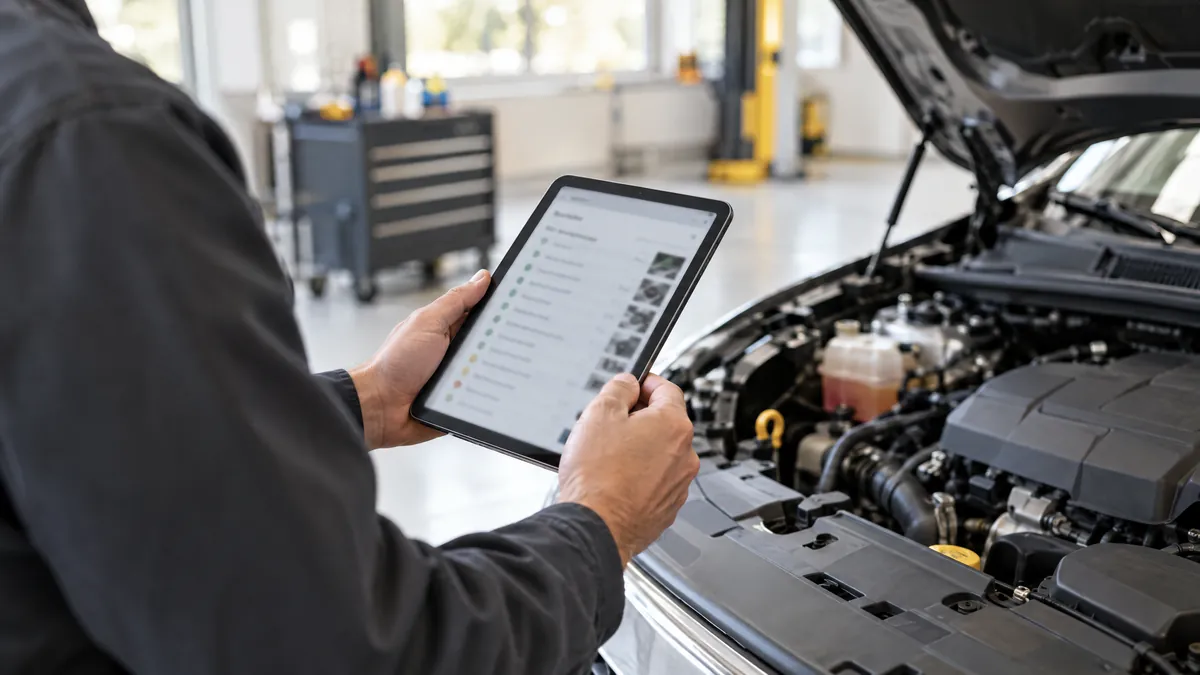 Expert automobile consultant une fiche d’inspection sur tablette devant un moteur